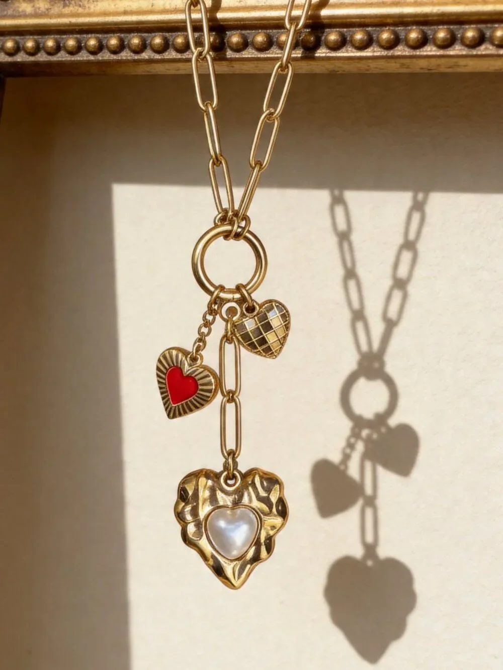 Gold Multi Heart Charm Necklace Stainless Steel - Picture 5 of 13